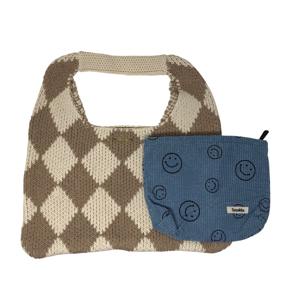 Tote Bag & Sozakka Pouch Set Womens Tan Cream Argyle Knit Blue Smiley Face
